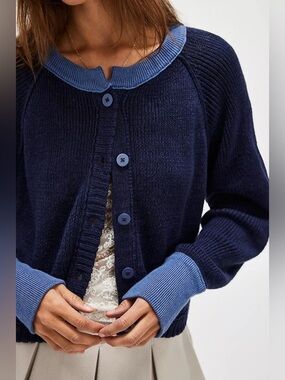 We The Free Blue Lili Linen Cardi Contrast Neckline Slouchy Summer Sweater